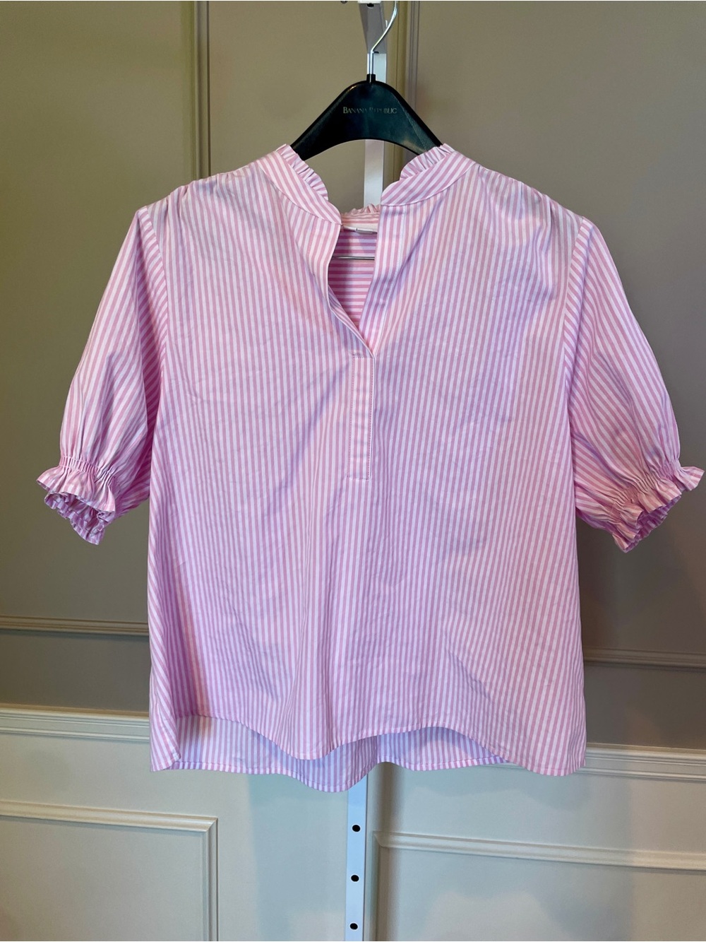 J. Jill Large Pink White Striped Ruffle Neck Top Puff Sleeve Cotton Blouse Shirt